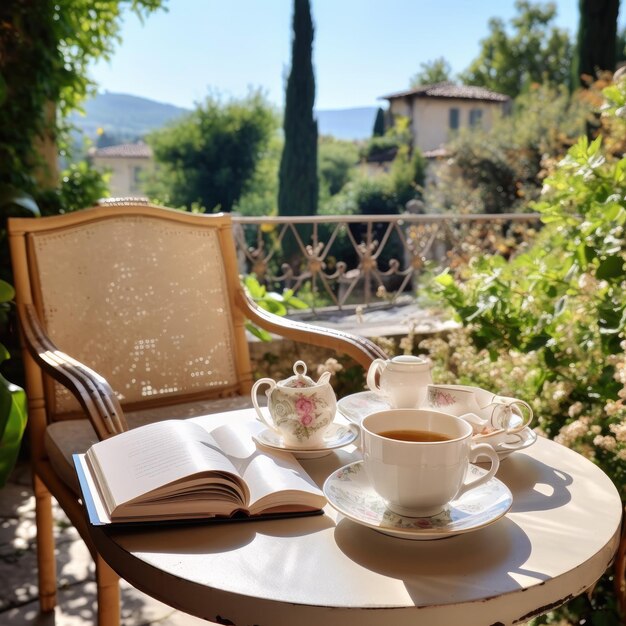 Breakfast table set up outdoors on a terrace