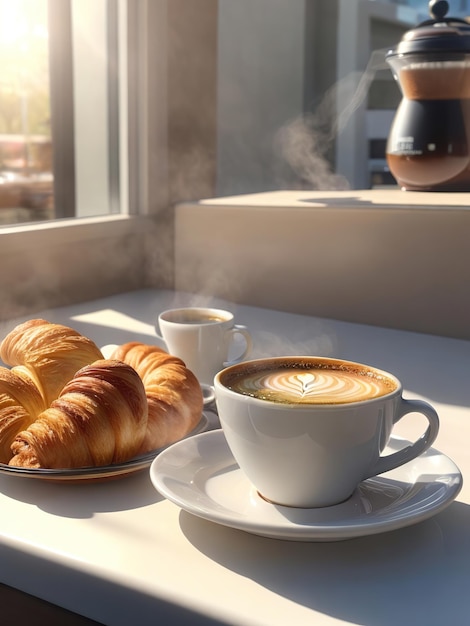 breakfast table set up with coffee cakes croissant cutlery cups and teapot with natural morning ligh