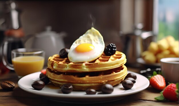 Photo breakfast table set waffles coffee cream berries and more