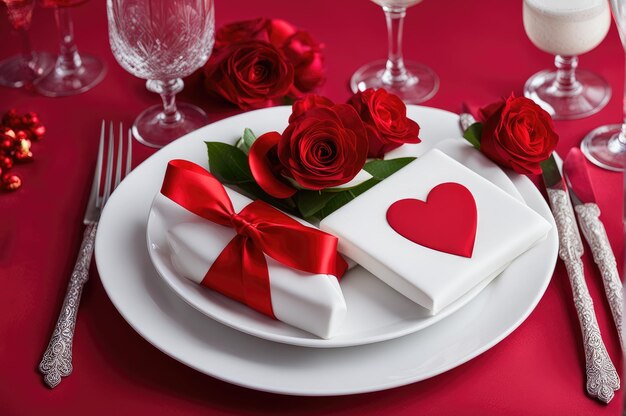 Breakfast table setting for saint valentines day with hearts Holiday love concept