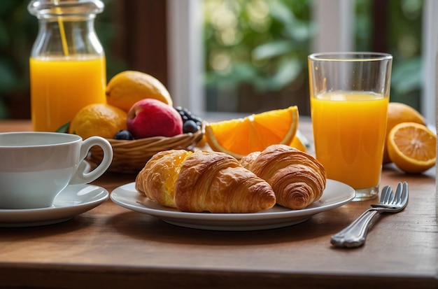 A breakfast table setting with orange juice cr