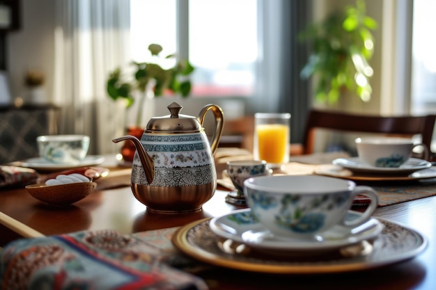 Breakfast table setting with pastry and tea