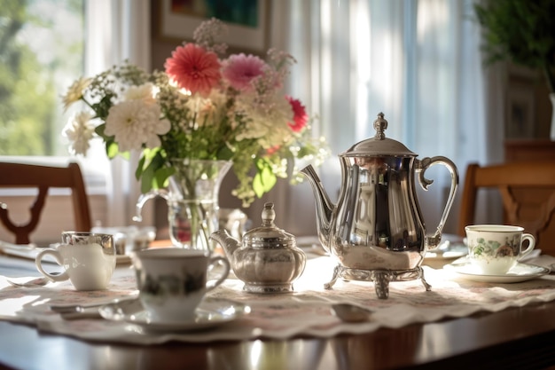 Breakfast table setting with pastry and tea