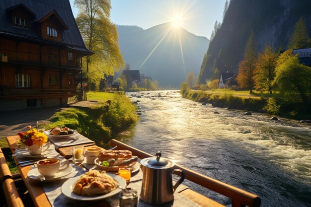 美しい風景の地中海の晴れた日に朝食のテーブル