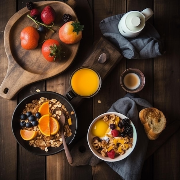 A breakfast table with a bowl of eggs, fruit, and a bowl of orange juice.