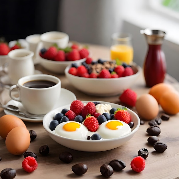 Photo breakfast on a table with coffee and fruits