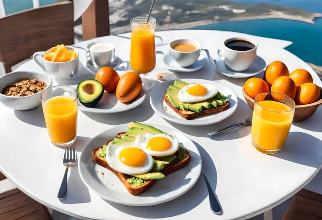 Photo breakfast on a table with eggs avocado and oranges