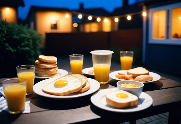 Photo breakfast on a table with eggs toast and toast