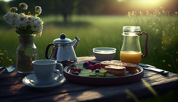 A breakfast table with a glass of orange juice and a glass of orange juice.