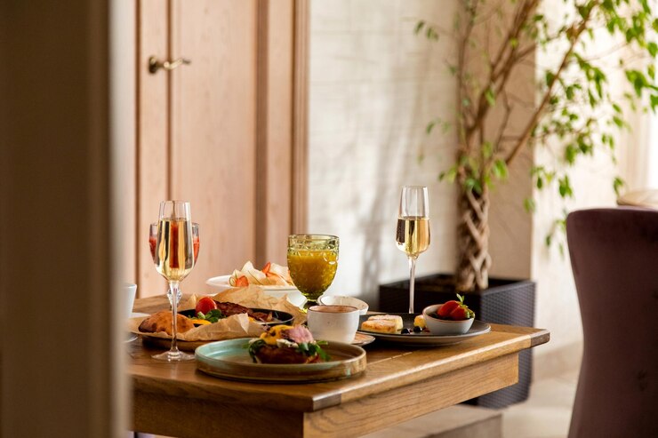 Photo breakfast table with a variety of dishes and drinks