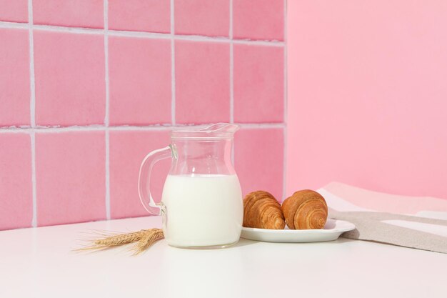 Breakfast tasty food concept milk with bakery products