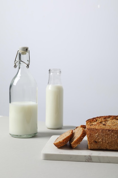 Breakfast tasty food concept milk with bakery products