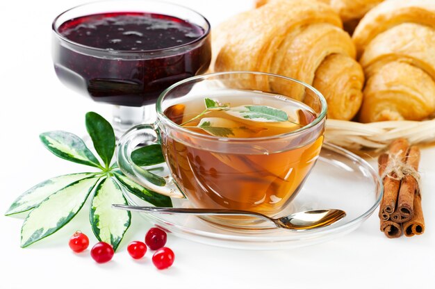 Breakfast.Tea in a cup on a light background