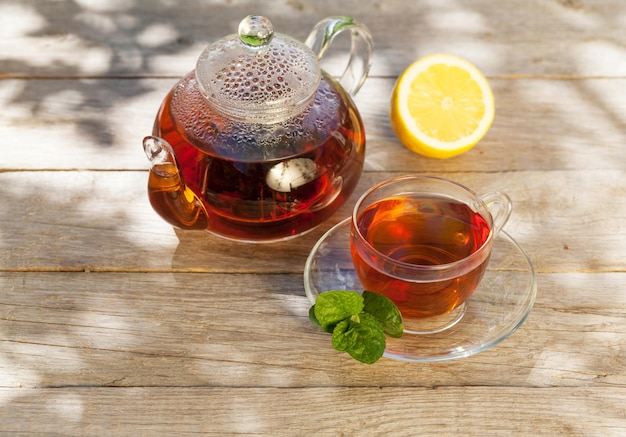 Breakfast tea on table in garden