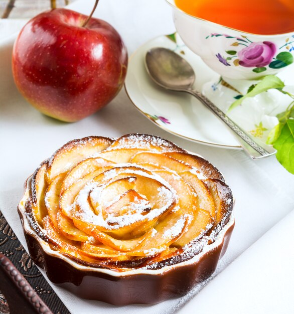Breakfast tea with sweet apple rose shaped pie 