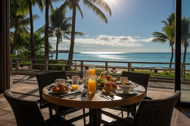 Breakfast on the terrace with sea view and palm trees