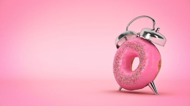 Ciambella per l'ora della colazione a forma di orologio 3d rendering