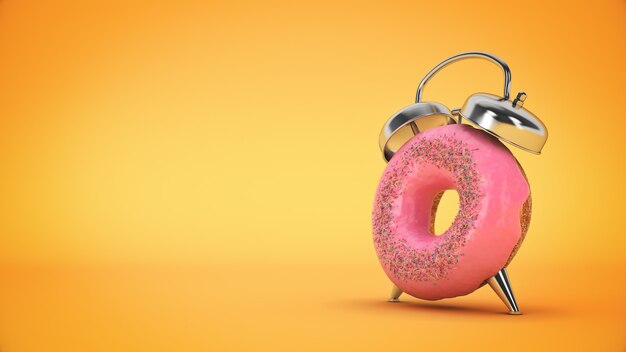 Breakfast time donut with the shape of a clock 3d rendering