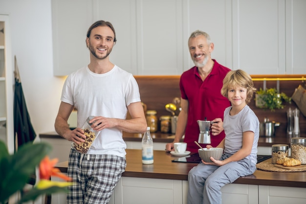 Breakfast time. Family spending morning at home and getting ready for breakfast