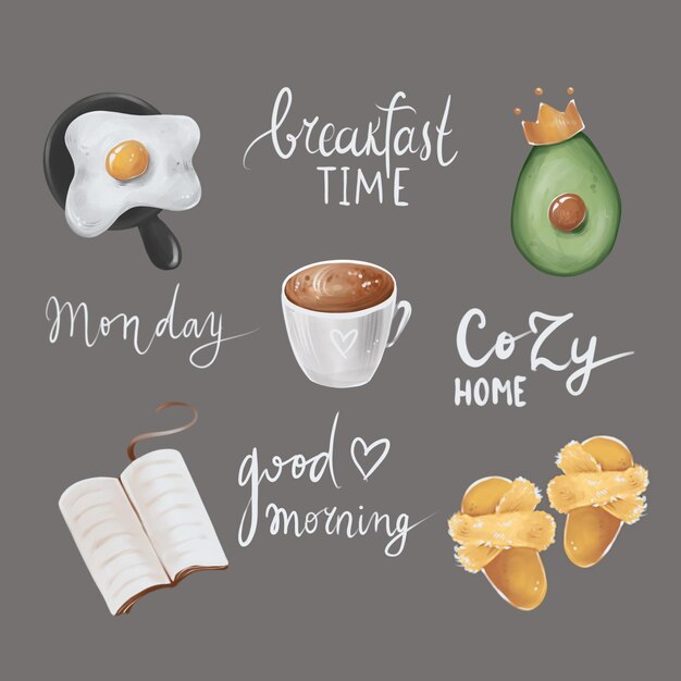 Breakfast time, Set of Illustrations, Stickers, Digital sketch illustration