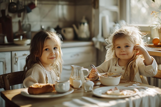 キッチンで2人の女の子と朝食の時間