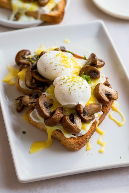 Breakfast toast with cheese mushrooms and poached eggs