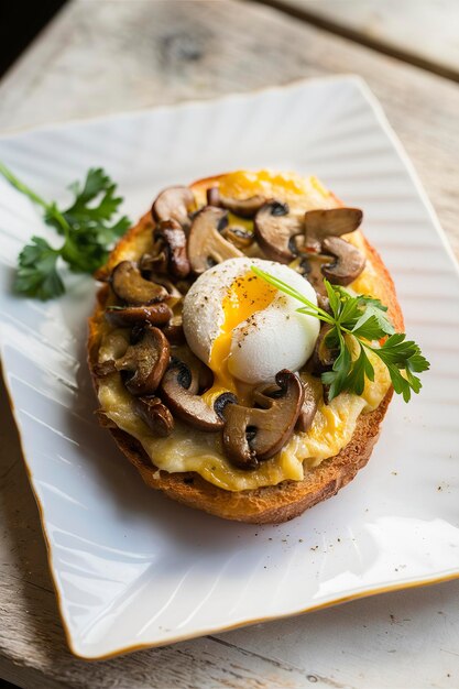 Photo breakfast toast with cheese mushrooms and poached eggs