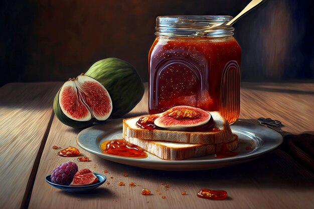 Breakfast toast with delicious sweet fig jam and jelly