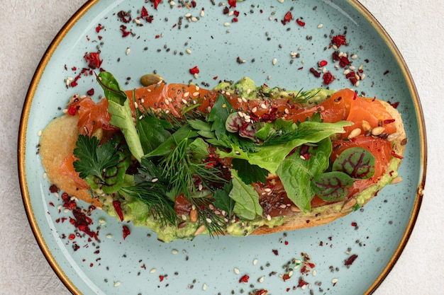 Breakfast toast with salmon and avocado