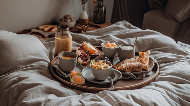 A breakfast tray on a bed with coffee and food