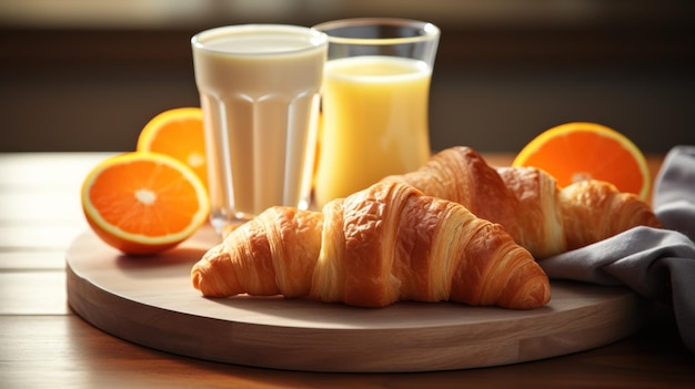 Foto un vassoio per la colazione con croissant e succo d'arancia