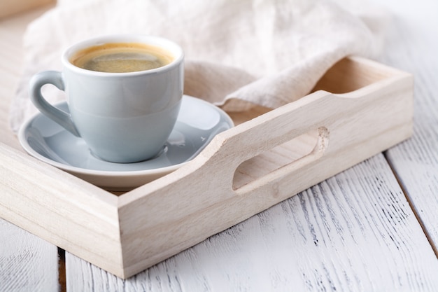 Breakfast, tray with cup of coffee and sweets