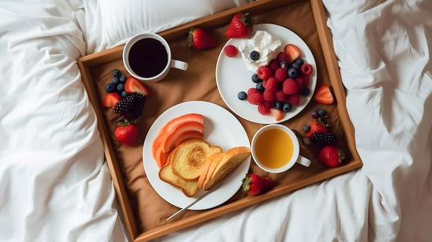 Breakfast on a tray with fruit and coffee