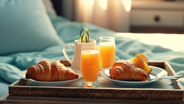 Foto vassoio per la colazione con cornetti di succo d'arancia e latte in camera