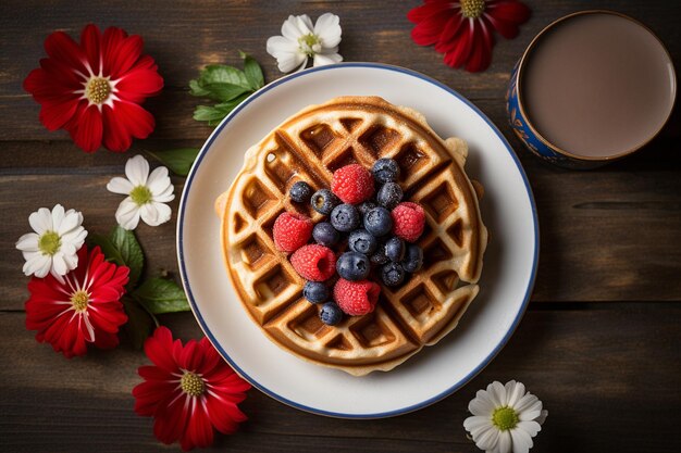 Breakfast waffles realistic top view image