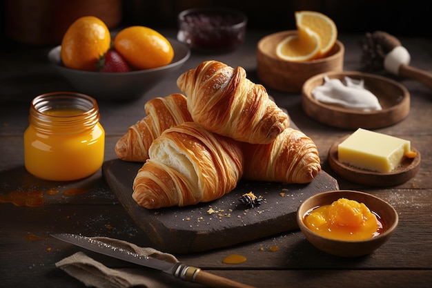 Breakfast of warm freshly baked delicious croissants with butter and orange jam