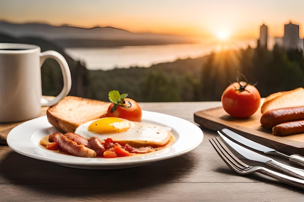Фото Завтрак с чашей кофе и тарелкой тоста и чашей кофе.