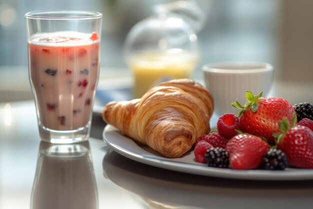 写真 一杯のミルクとクロワッサンで朝食