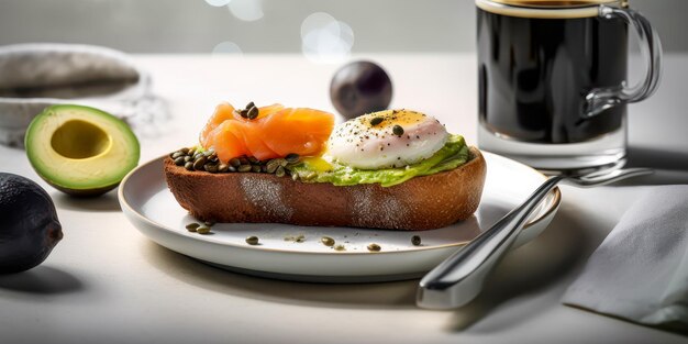 Breakfast with avocado toast salmon eggs and coffee