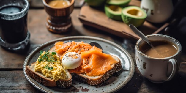 Breakfast with avocado toast salmon eggs and coffee