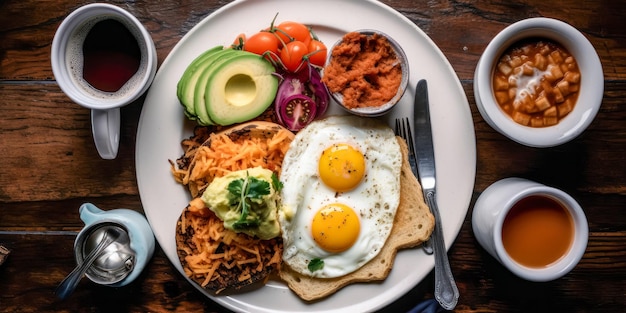 Breakfast with avocado toast salmon eggs and coffee