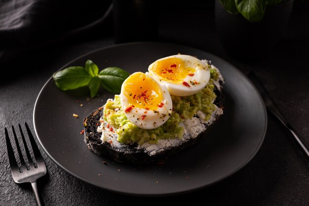 Breakfast with avocado toast with eggs on a plate