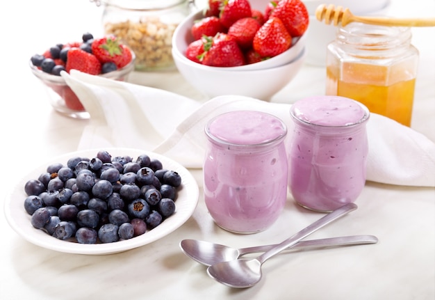 Breakfast with blueberry yogurt with fresh fruits