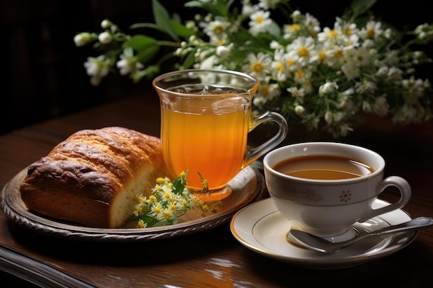 breakfast with bread and a cup of milk professional food photography