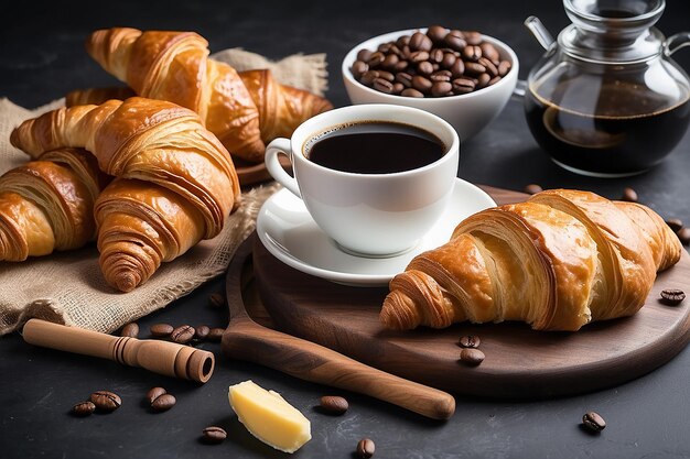 Фото Завтрак с кофе и свежими круассантами