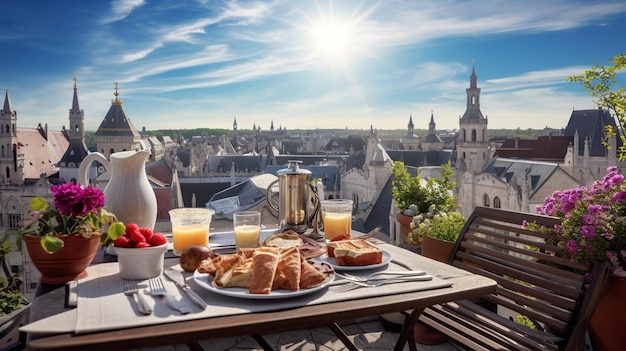 ヨーロッパの都市を背景にコーヒーとパンの朝食