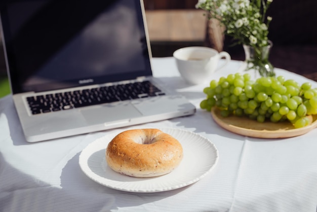 Breakfast with coffee bread and fruit