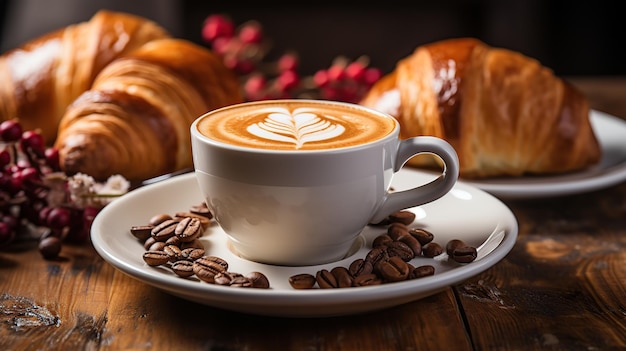 breakfast with coffee and croissant on a wooden background AI Generated