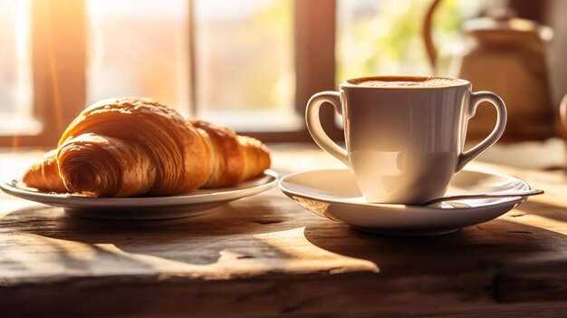 Breakfast with coffee and croissants in a basket on the table