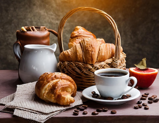 Photo breakfast with coffee and croissants on dark rustic background